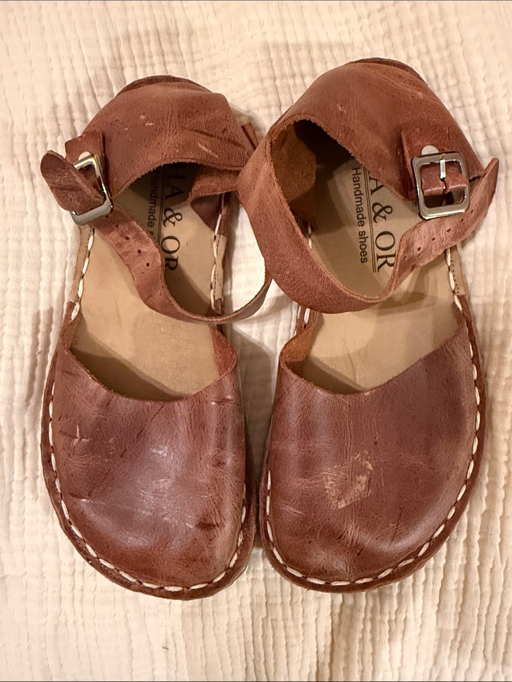 Handmade Brown Leather Women's Ankle-Strap Flats